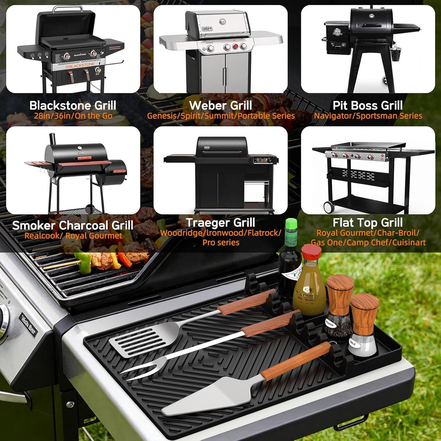 Black silicone tools mat on grill surface with utensil slots and drip pad