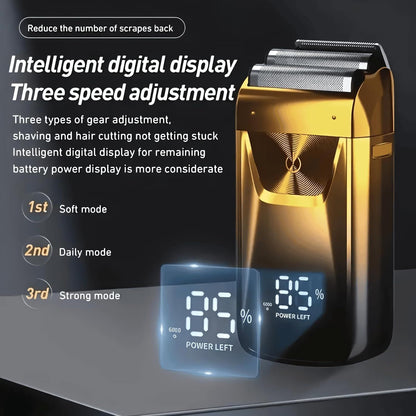 Gold electric foil shaver with three speed settings and power-left display
