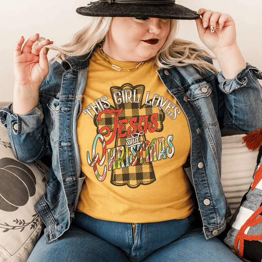 Mustard girls' Christian Christmas T-shirt with 'Jesus' and holiday graphic on chest