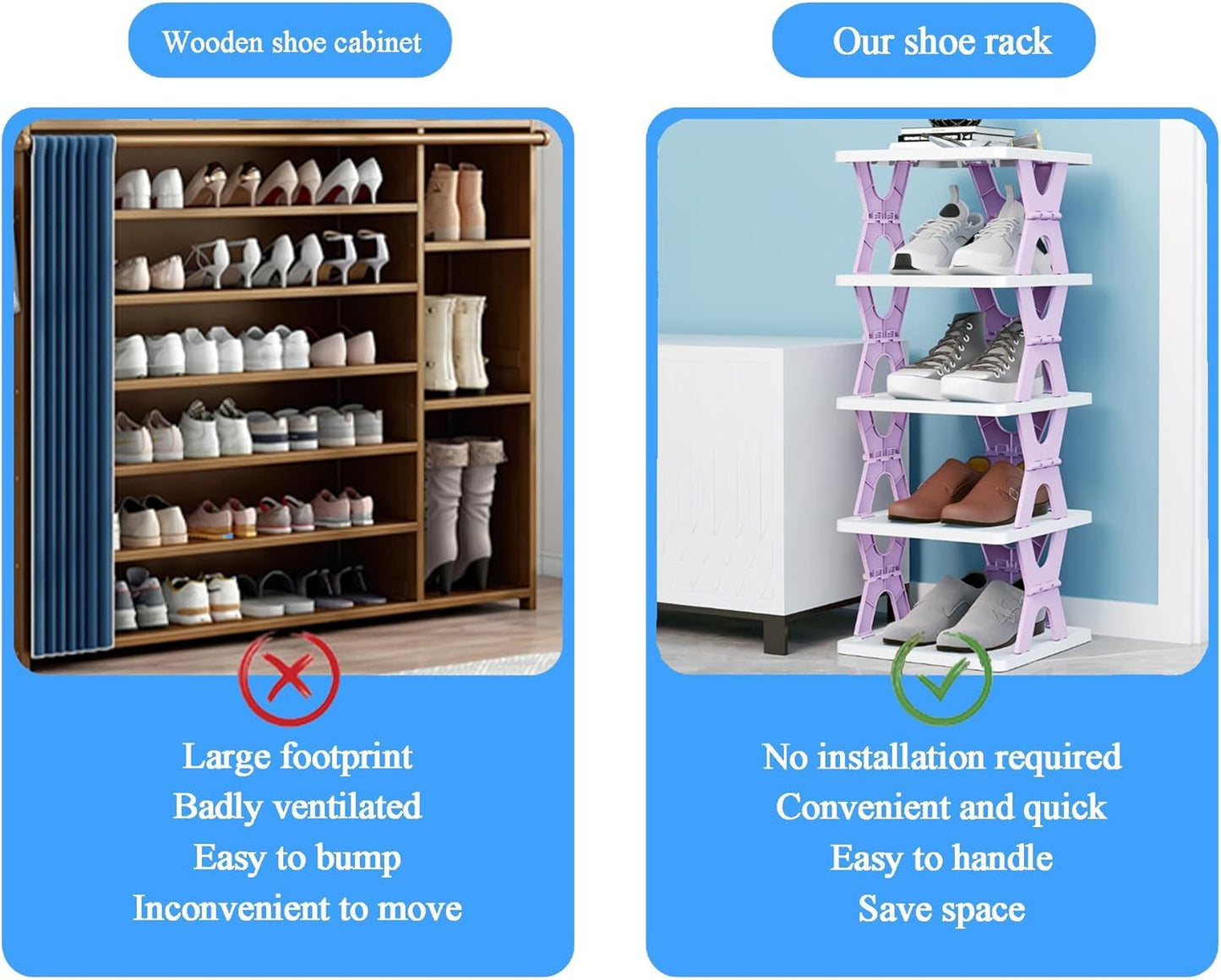 Purple 6-tier foldable vertical shoe rack with open shelves for kids shoes