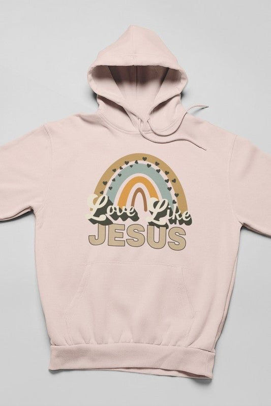 Peach pullover hoodie with front “Love Like Jesus” graphic and drawstring hood