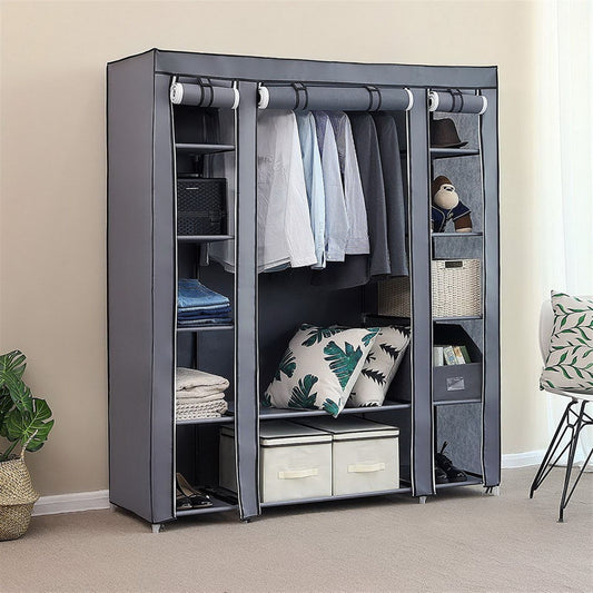 Gray portable clothes closet with fabric cover, hanging bar, and multi-level storage shelves