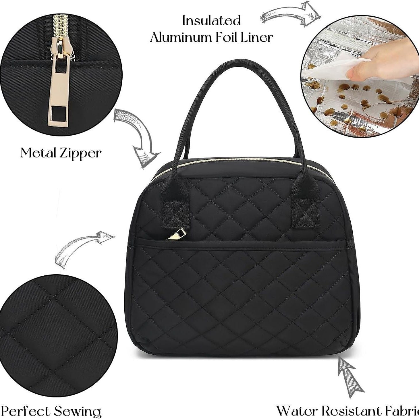 Black quilted lunch bag with metal zipper and insulated aluminum foil liner