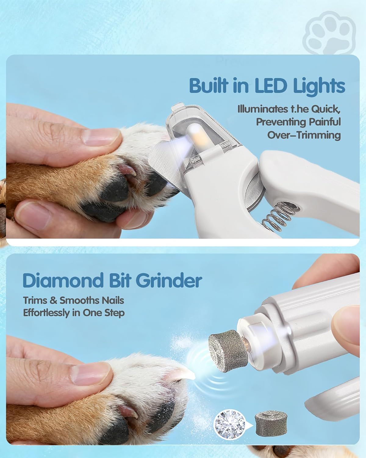 White pet nail grinder with built-in LED light and diamond bit for smoothing nails.