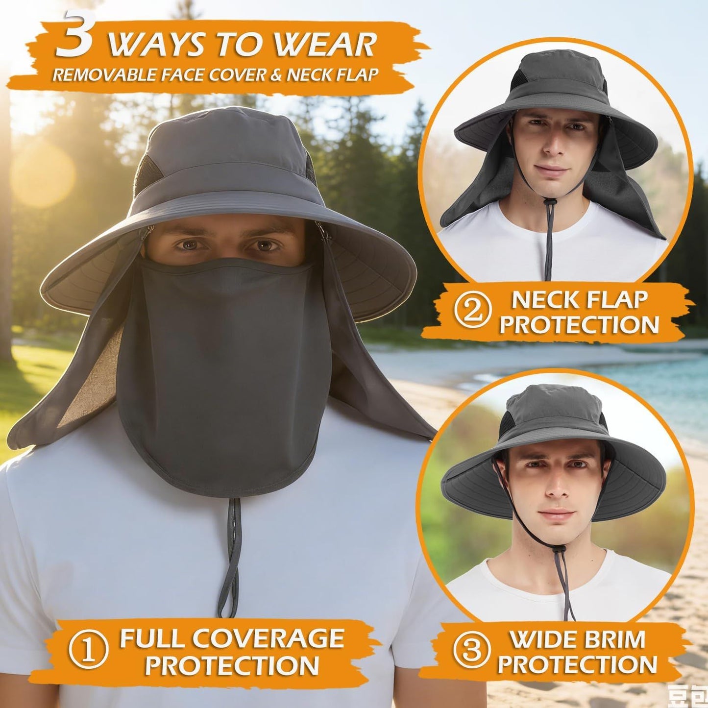 Light grey wide brim bucket hat with removable neck flap and face cover