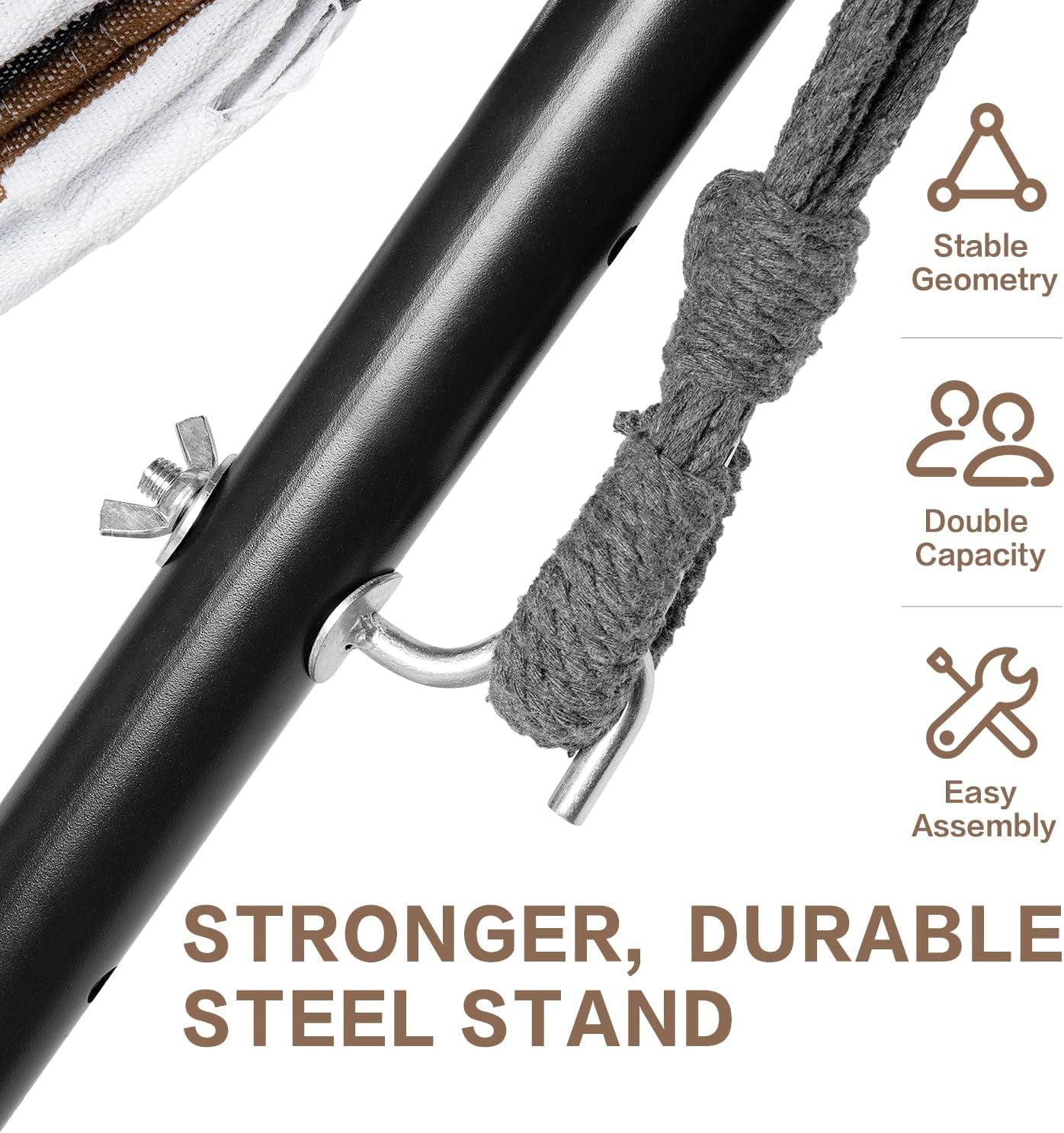 Black steel hammock stand with rope ring attachment, hardware connection close-up.