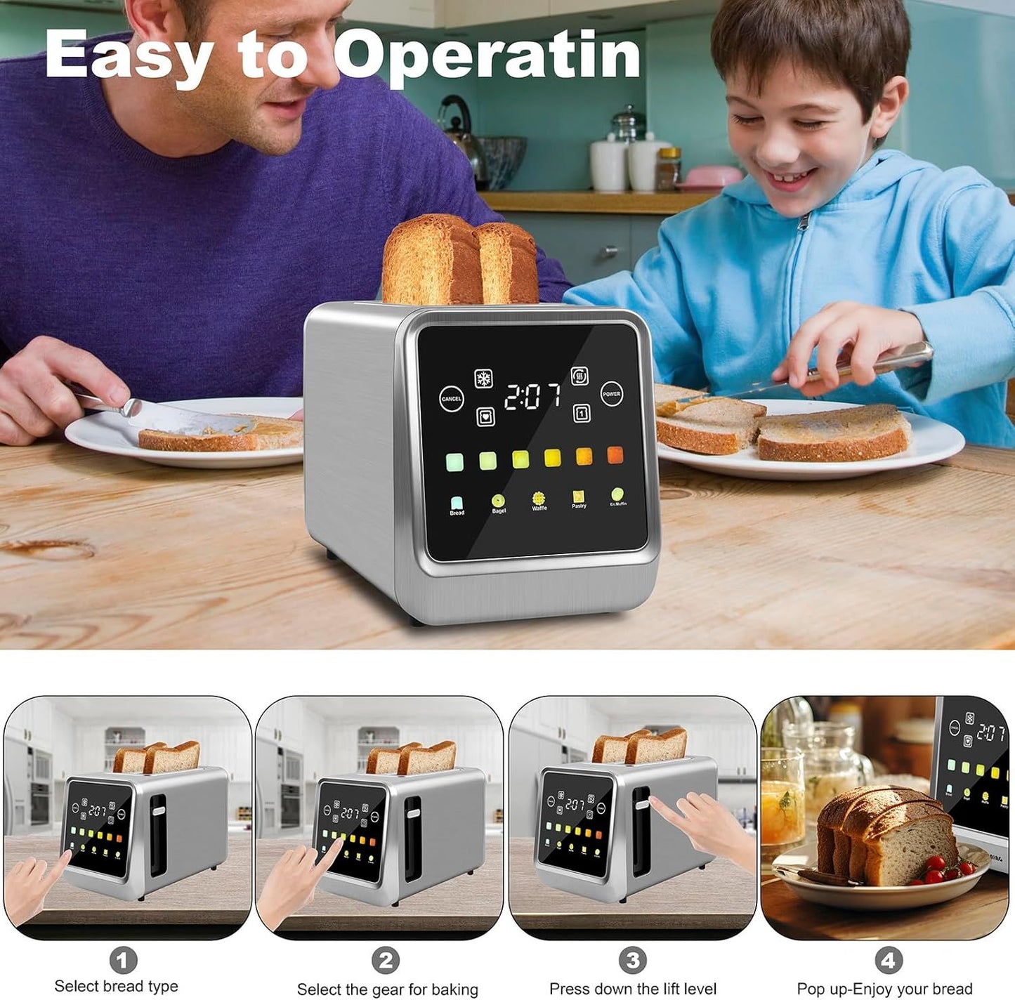 Gray smart toaster with touch-screen LCD panel for selecting toast settings