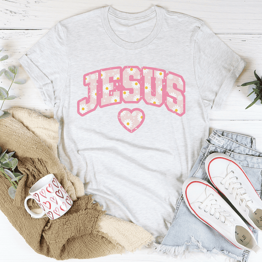 Light gray crewneck T-shirt with pink floral JESUS graphic and heart
