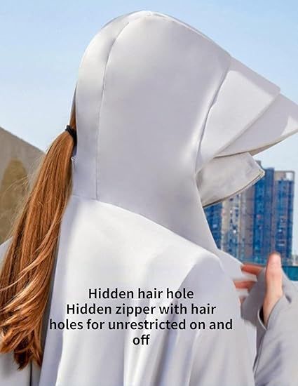 Light grey wide-brim hooded sun jacket with hidden hair hole and front zipper