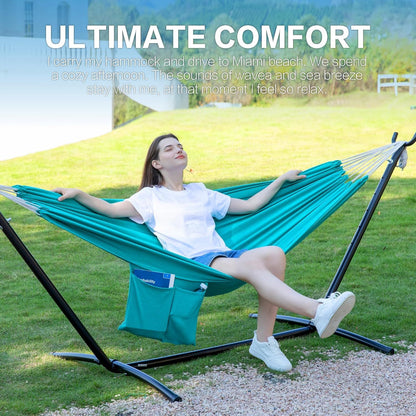 Double hammock with stand, teal hammock fabric on black frame with side storage bag