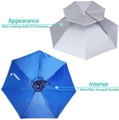 Hands-free umbrella hat set: blue and silver designs with durable ribbed interior
