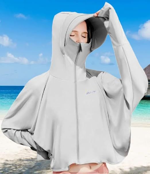 Women’s white sun protective jacket with hood and full-zip front, long sleeves