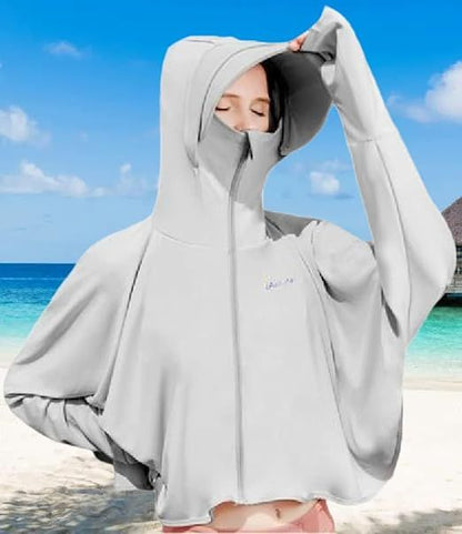 Women’s white sun protective jacket with hood and full-zip front, long sleeves