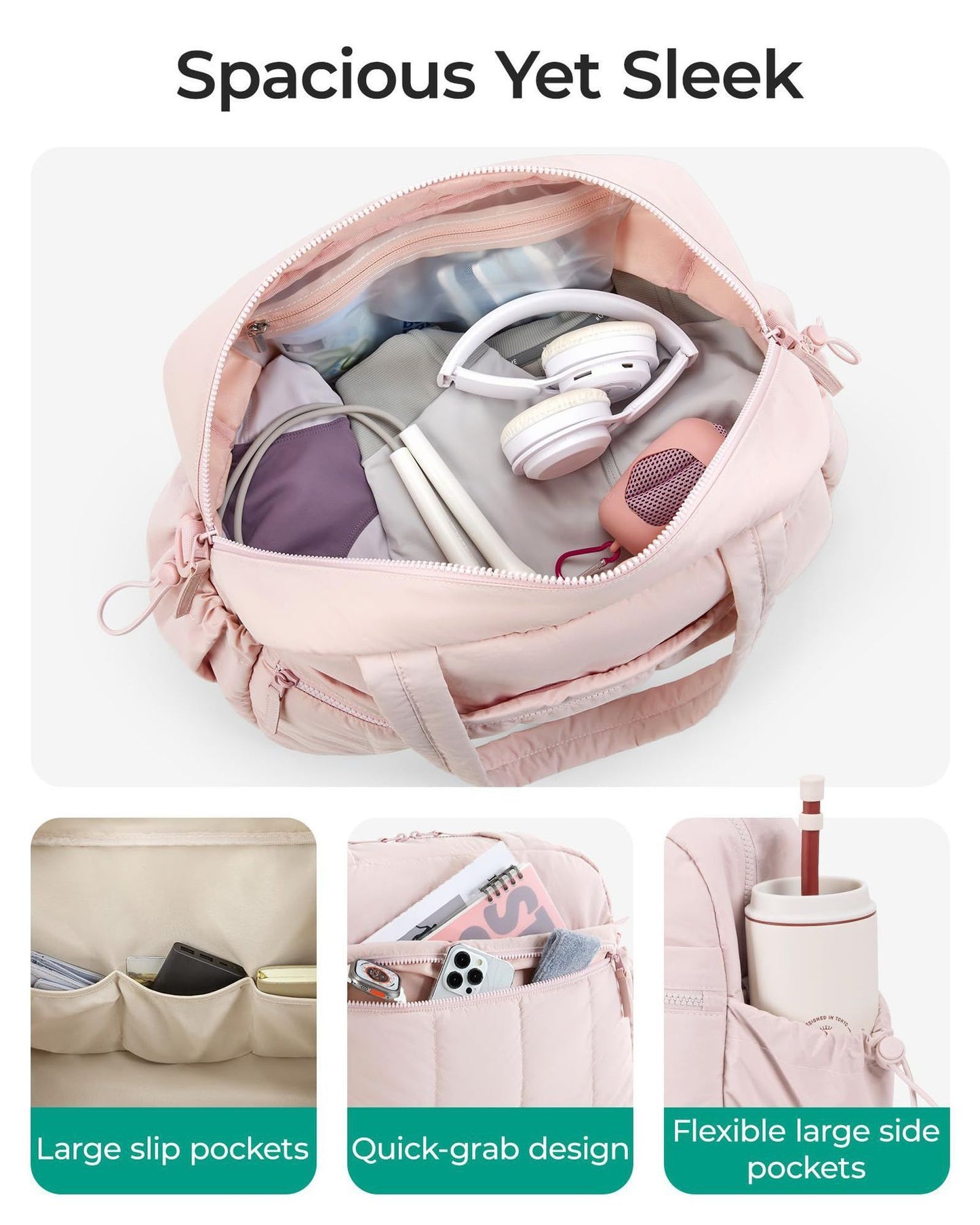 Pink travel tote bag interior view with storage compartments and side slip pockets