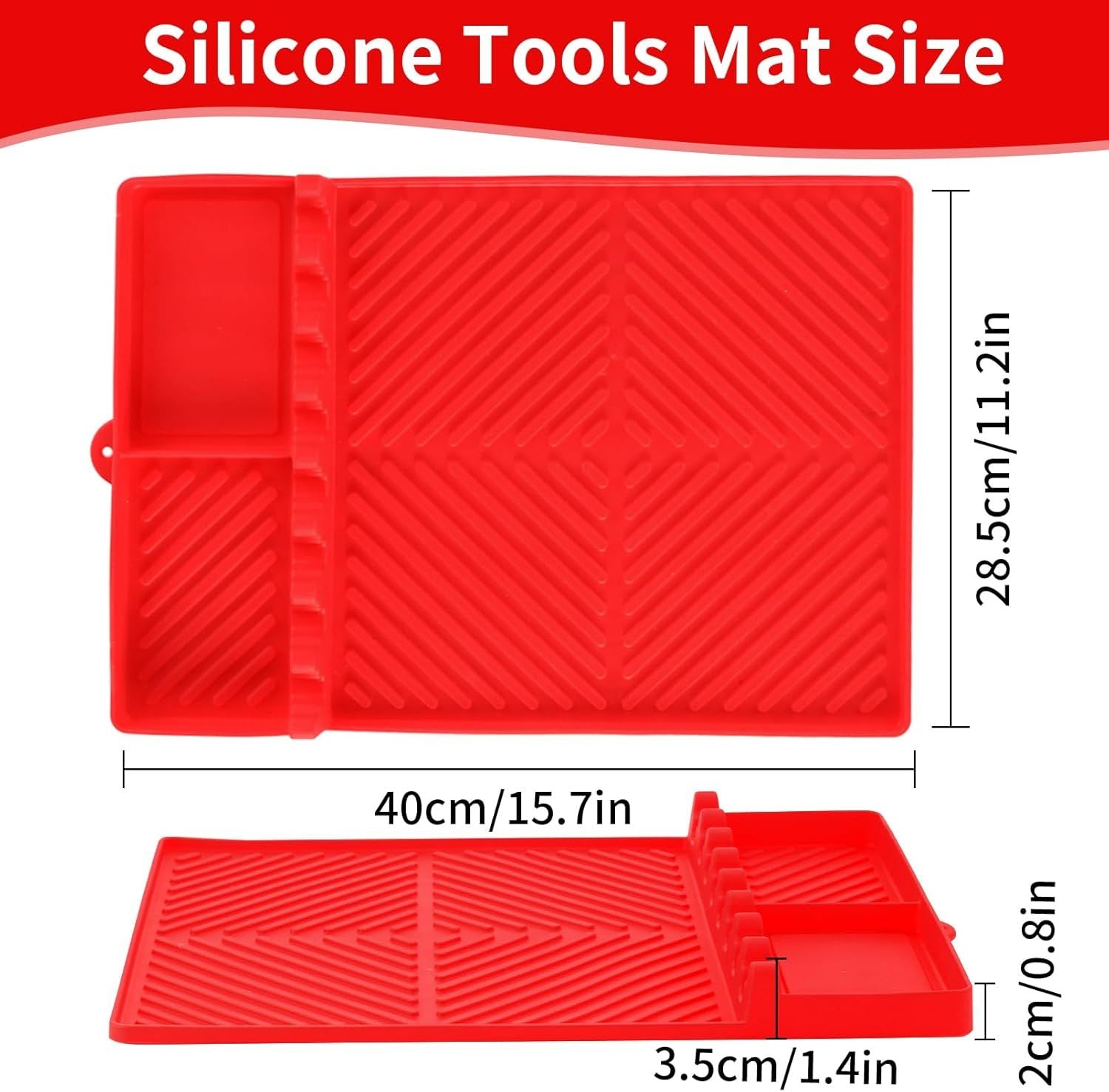 Red silicone tools mat with ridged surface and hinged fold-out sections.