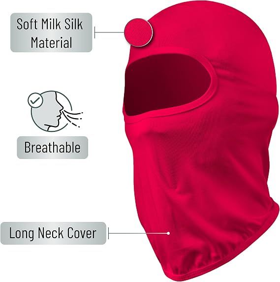 Red breathable full-face balaclava with long neck cover and face opening.