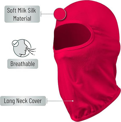 Red breathable full-face balaclava with long neck cover and face opening.