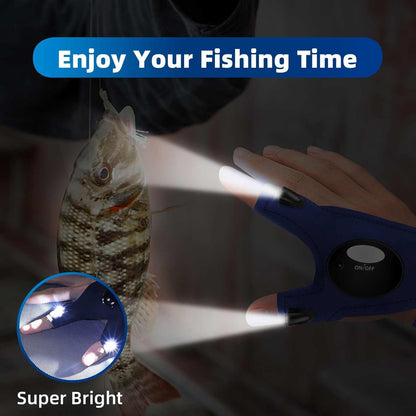 Blue LED flashlight gloves with bright finger lights, hand holding a fishing line
