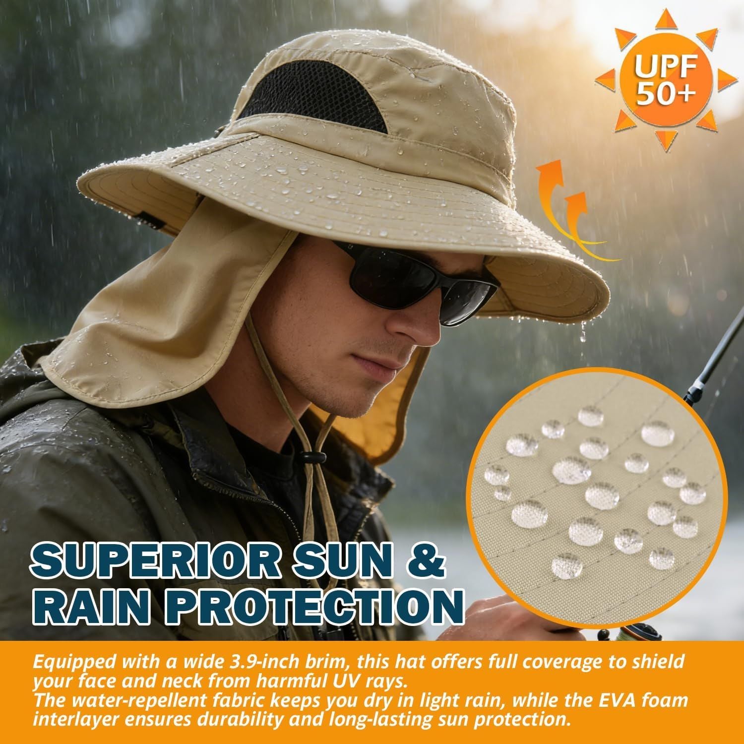 Light beige waterproof sun hat with wide brim, black mesh front panel, water droplets