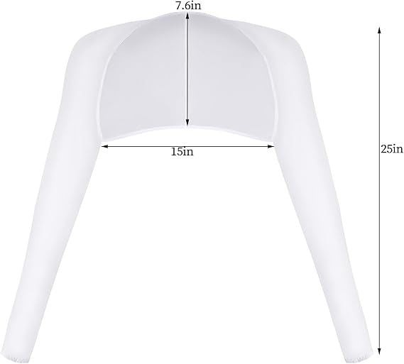 White cooling sun-protection shawl with hood and long sleeves, size measurement arrows