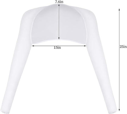White cooling sun-protection shawl with hood and long sleeves, size measurement arrows