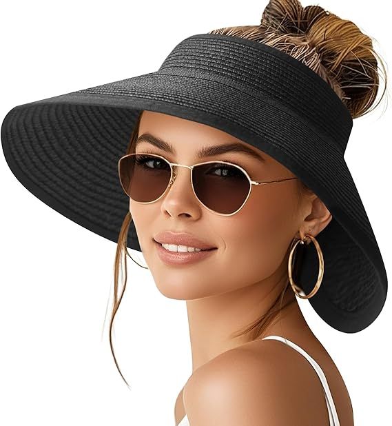Black wide-brim sun hat with open-top ponytail slot, floppy straw style