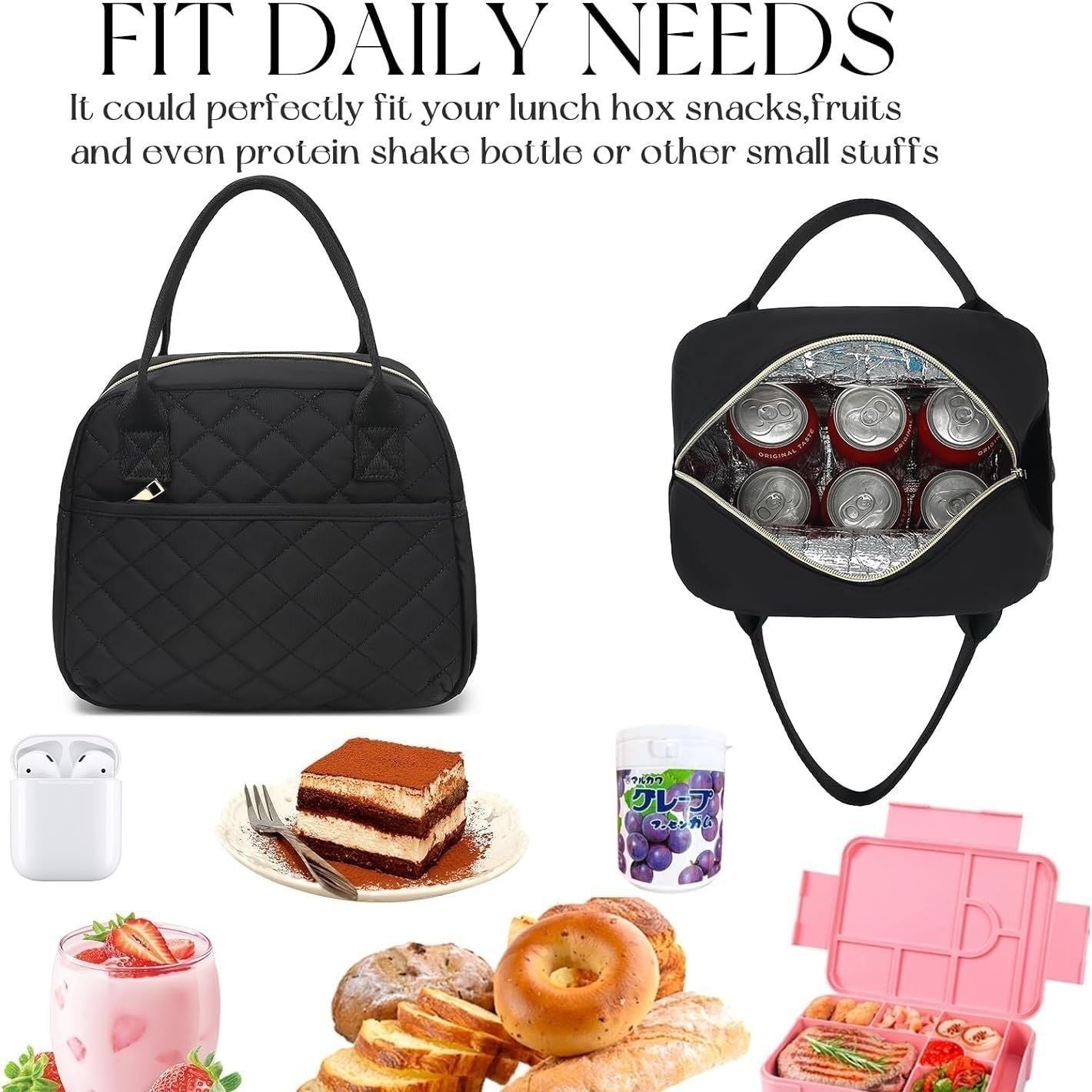 Black insulated lunch bag with wide open top and front flap pocket