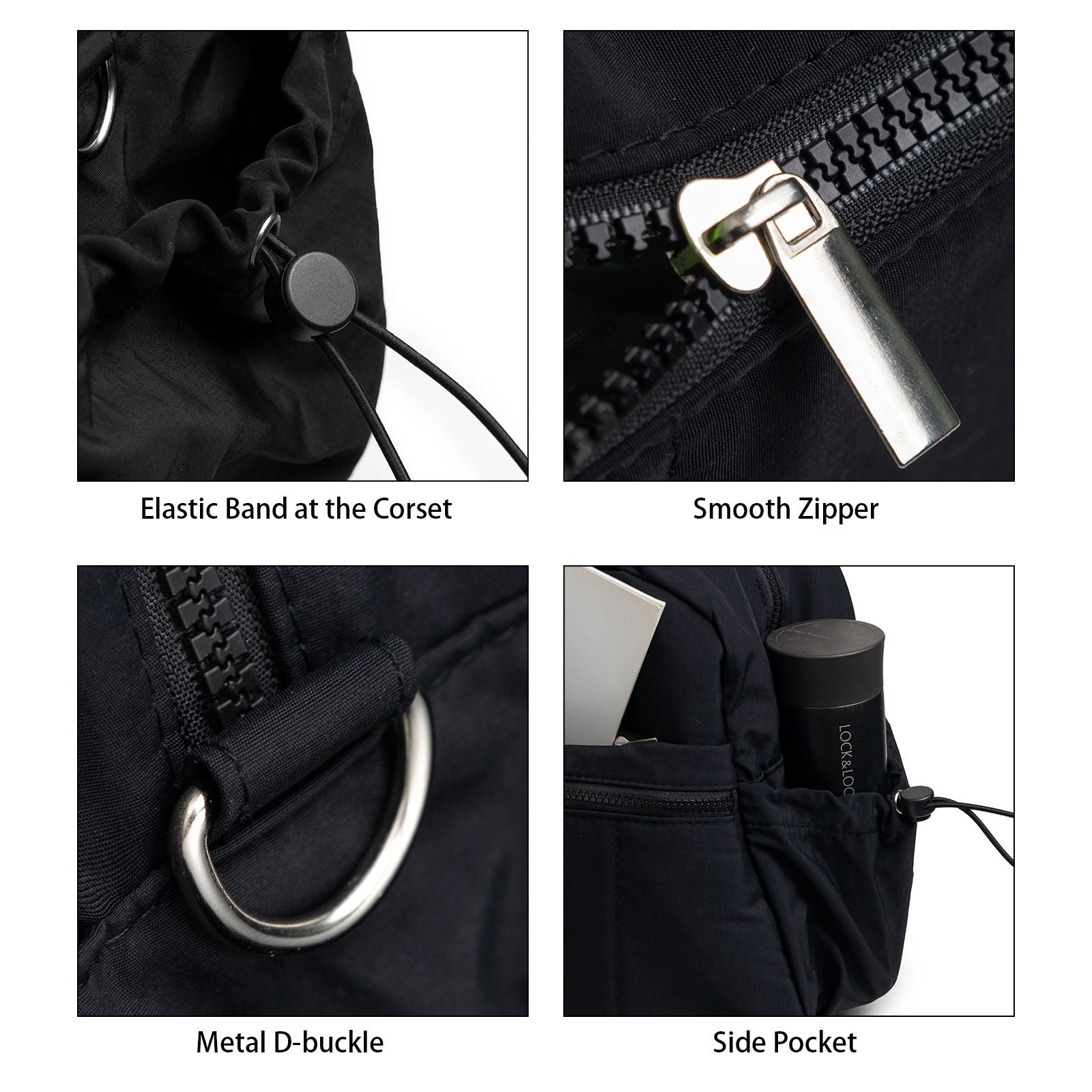Black tote bag details: smooth zippers, metal D-buckle, side pocket, elastic band