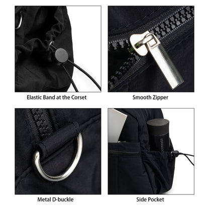 Black tote bag details: smooth zippers, metal D-buckle, side pocket, elastic band