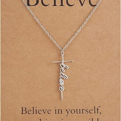 Silver cross pendant necklace with Believe script charm on a chain