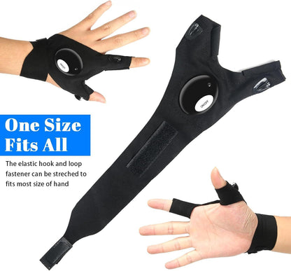 Black LED flashlight gloves with adjustable strap, on/off button, and fingertip light module