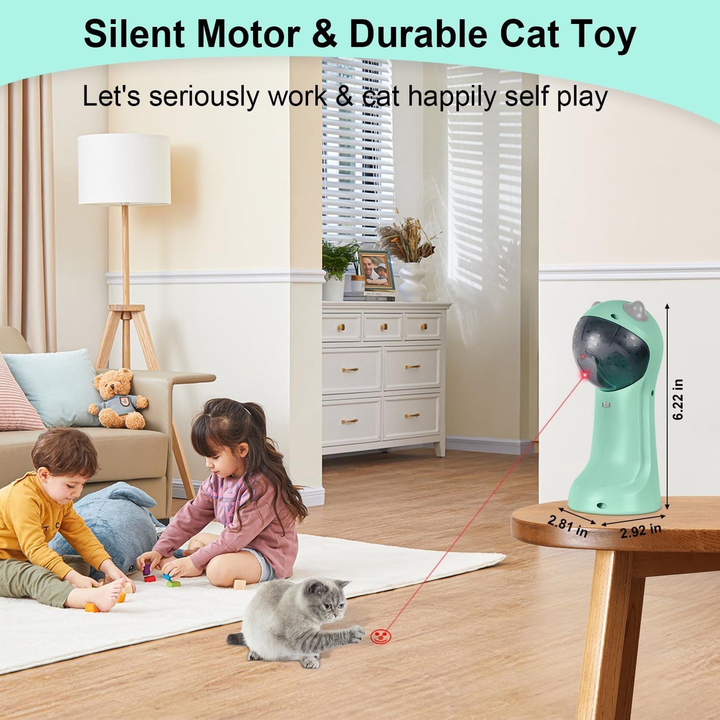 Motion-activated laser cat toy, mint green body on wooden stand; gray cat near laser paths