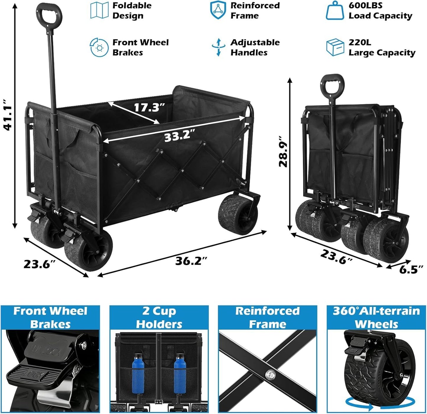 Black foldable wagon cart with adjustable handle, front wheel brakes, reinforced frame