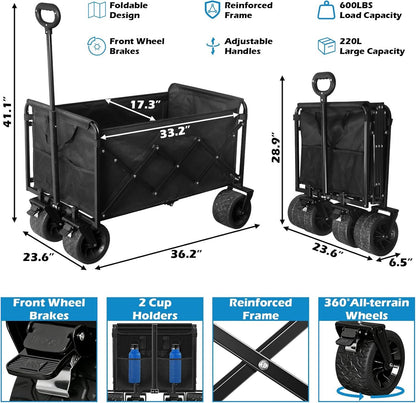 Black foldable wagon cart with adjustable handle, front wheel brakes, reinforced frame