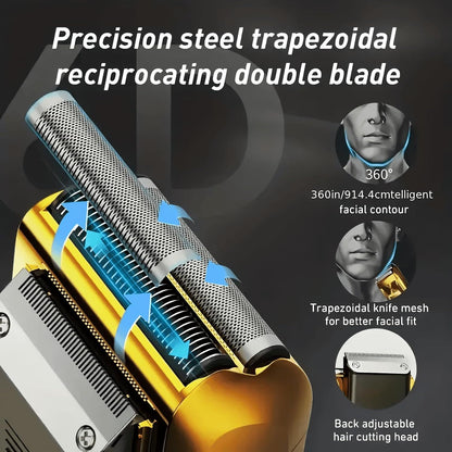 Gold foil shaver with trapezoid dual-blade mesh head for close shaving