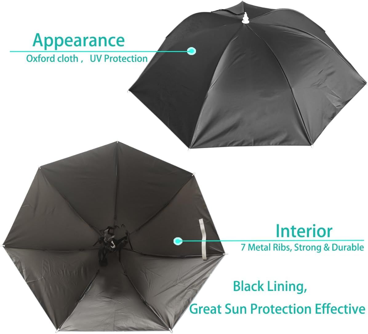 Black umbrella hat with interior panels and metal ribs, shown open for coverage.