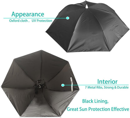 Black umbrella hat with interior panels and metal ribs, shown open for coverage.