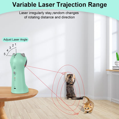 Teal green cat laser projector toy projecting irregular red dotted laser paths toward a cat