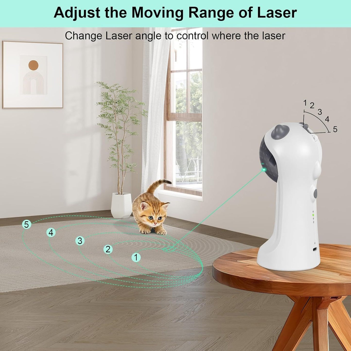 White cat laser toy with adjustable head angle, projecting green laser arc patterns