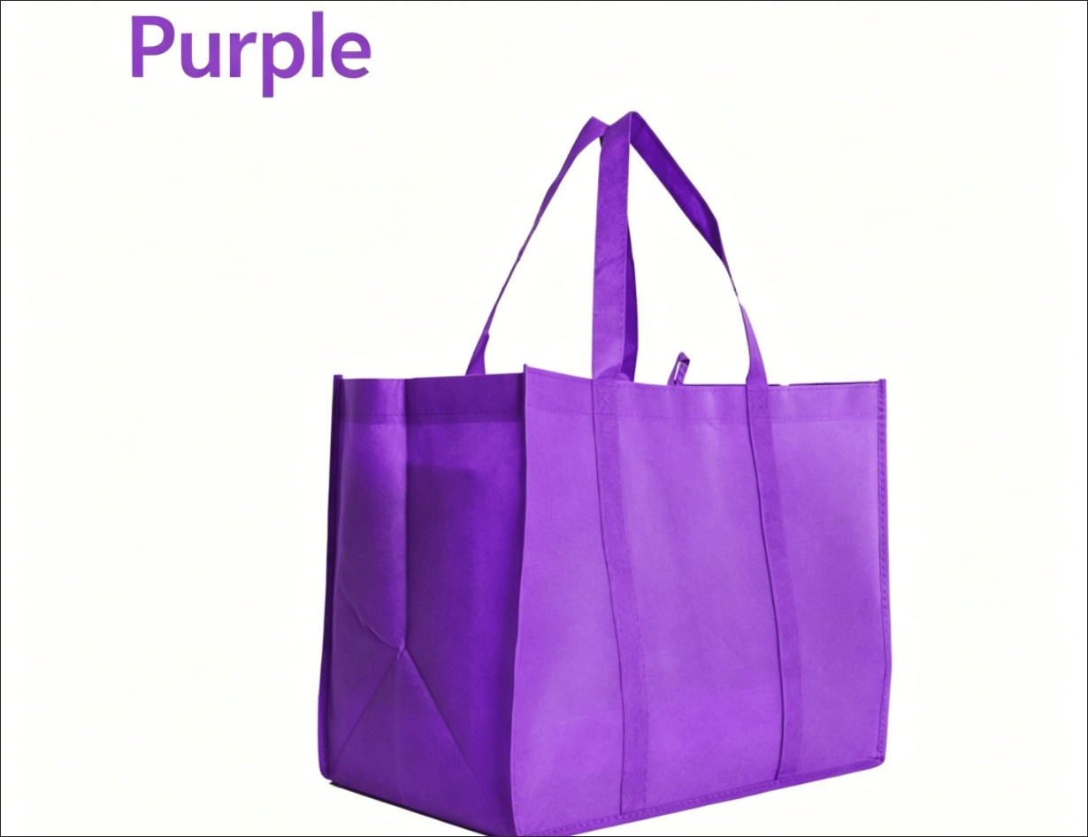 Large purple reusable non-woven shopping tote bag with reinforced top handles