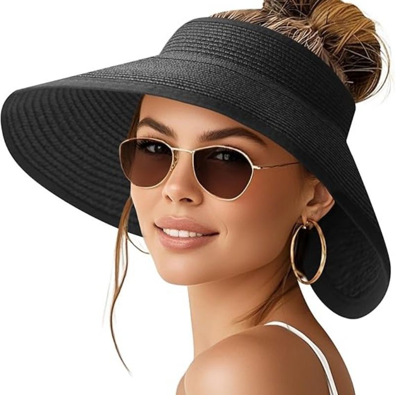 Women’s wide-brim paper straw sun hat in black, floppy brim with ponytail opening