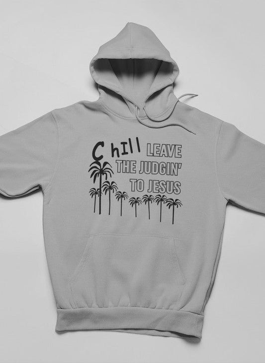 Athletic heather gray pullover hoodie with palm tree text graphic on front