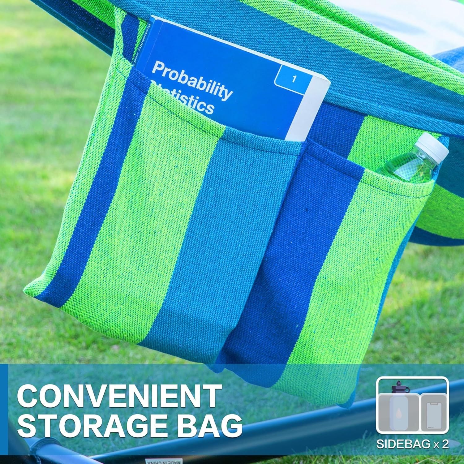 Double hammock with stand, blue and green striped fabric with storage bag