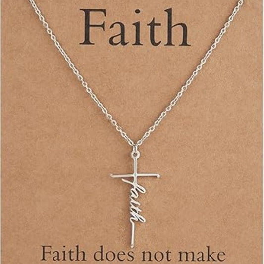 Faith cross pendant necklace with silver chain and faith cursive charm