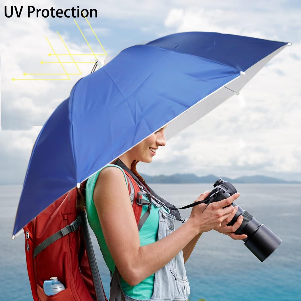 Blue umbrella hat worn outdoors with camera, covering head and shoulders with chin strap.