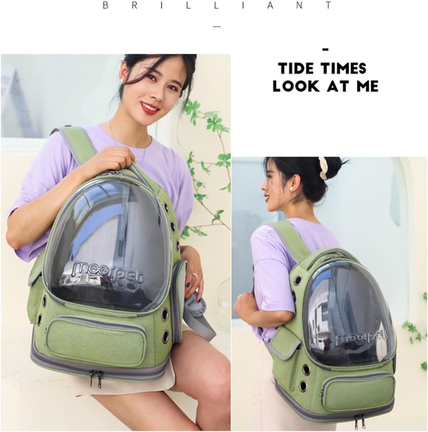 Green cat bubble backpack carrier worn on person with clear window and shoulder straps