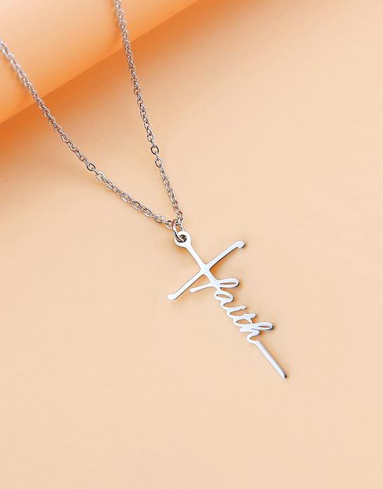 Religious cross and 'Jesus' script pendant necklace on silver-tone chain