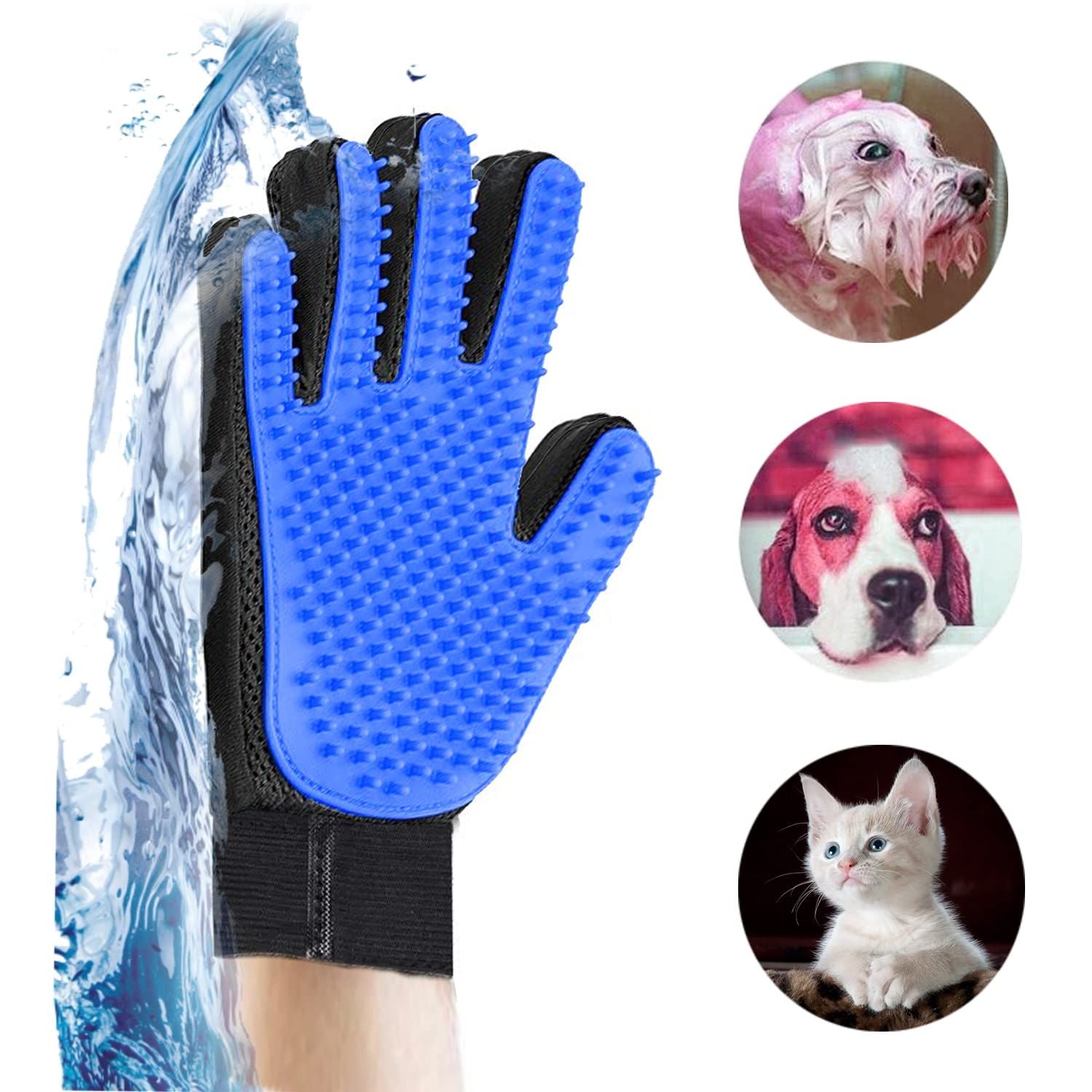 Blue silicone pet grooming glove shown rinsing under running water