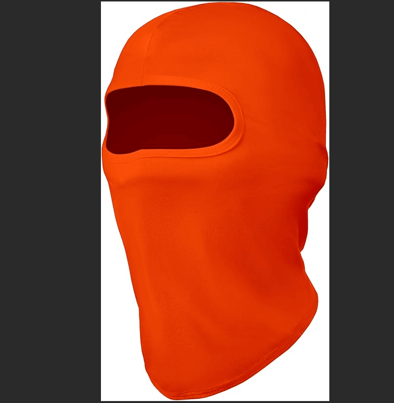 Orange full-face balaclava ski mask with oval eye opening and padded seams