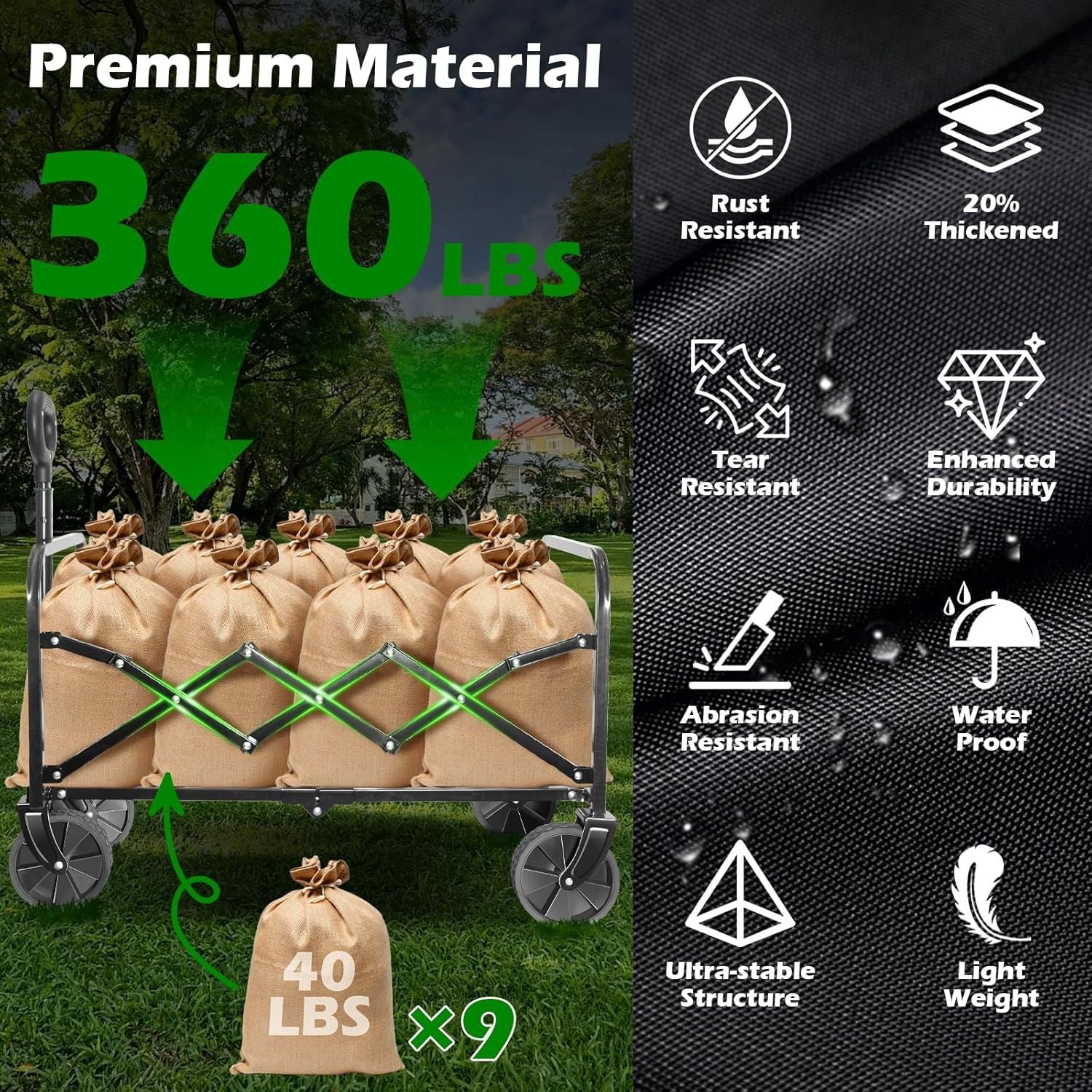 Black foldable wagon cart with textured fabric side panels and reinforced frame